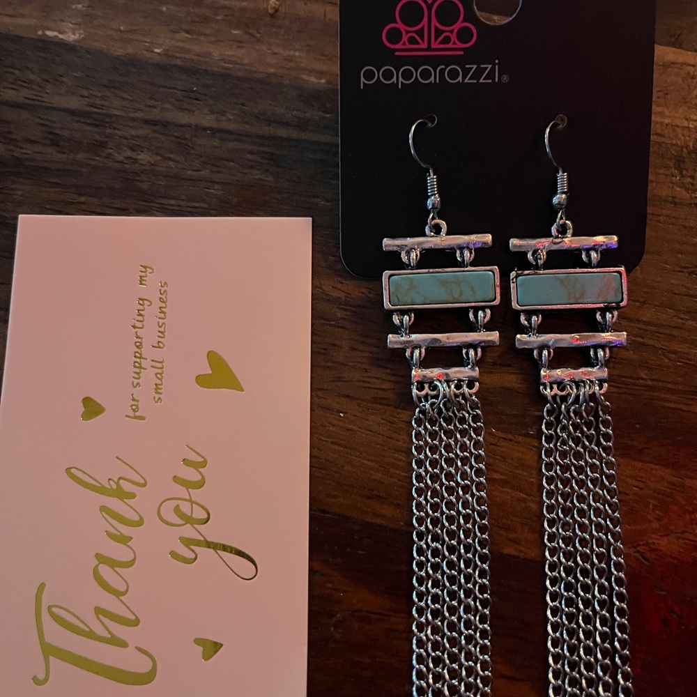 Paparazzi Silver Tone Turquoise Bar Chain Drop Earrings